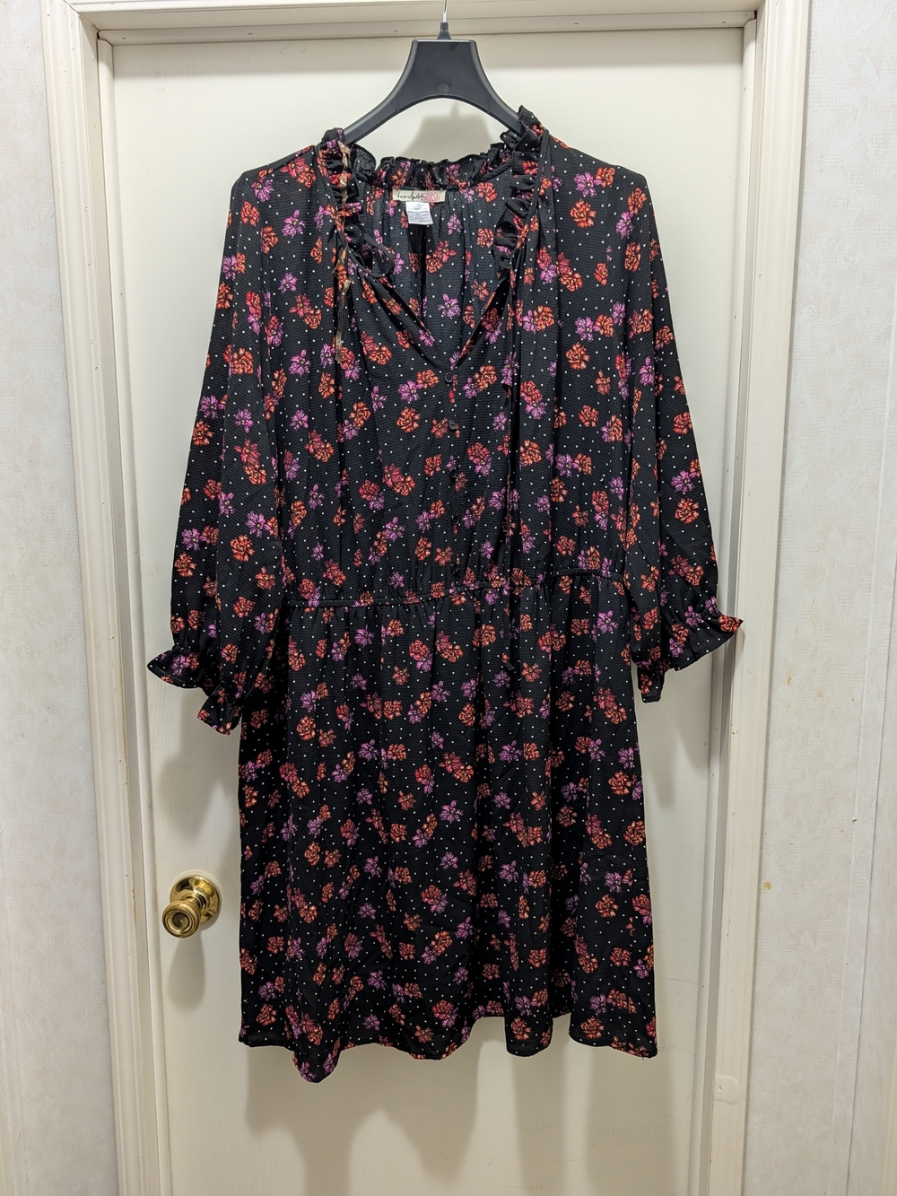 Love Squared Black Floral Ruffle-Trim Long Sleeve Dress